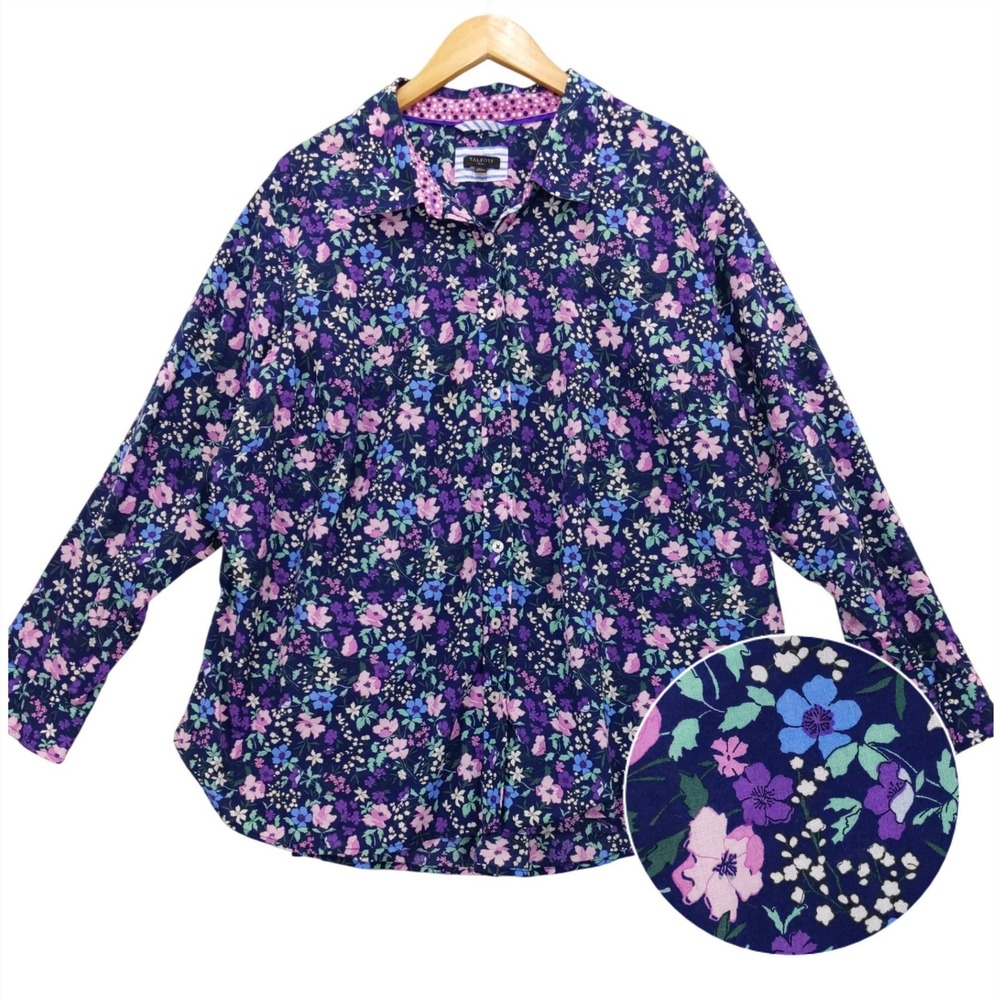 Talbots Button Front Blouse Sz 3X Purple Ditsy Floral Cotton Long Sleeve Shirt